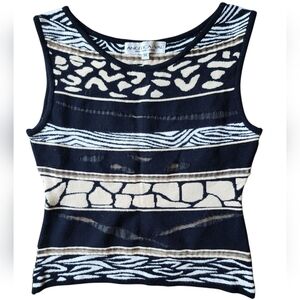 ANGELICA VAL vintage tank top, black/white/cream, animal print, size M